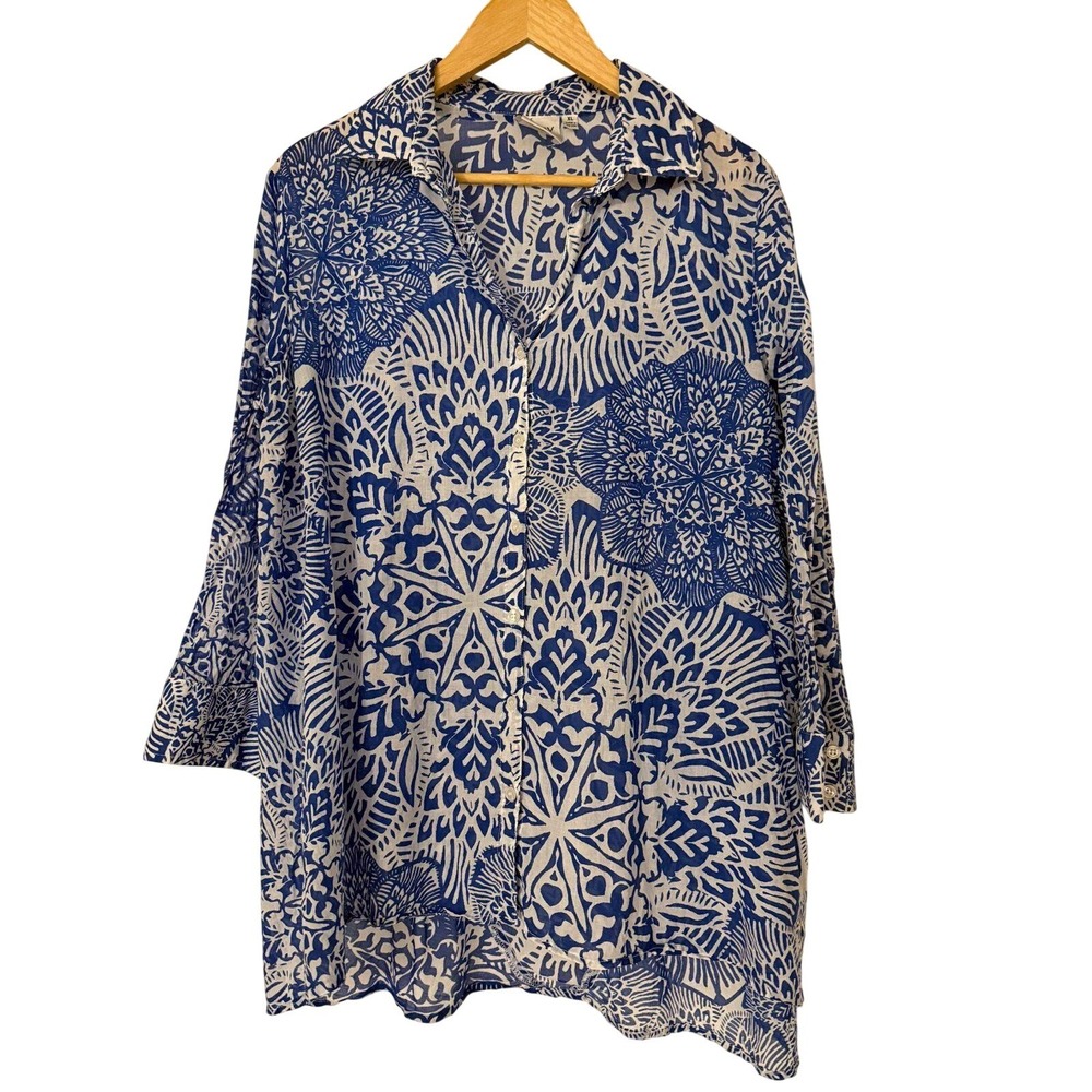 Finley Womens XL Blue White Medallion Print Cotton Button Down Tunic Made in USA